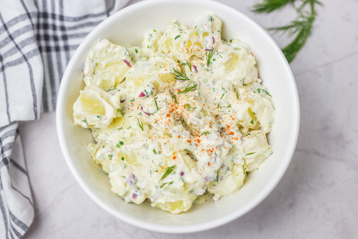 a bowl of potato salad.