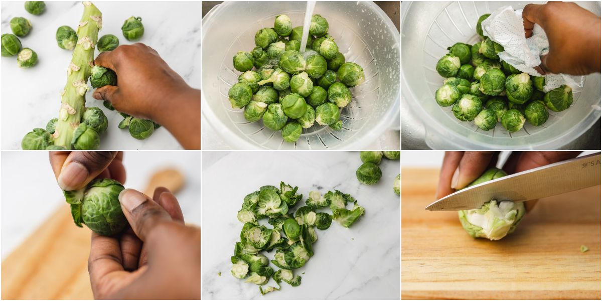 the process shot of trimming brussels sprouts.