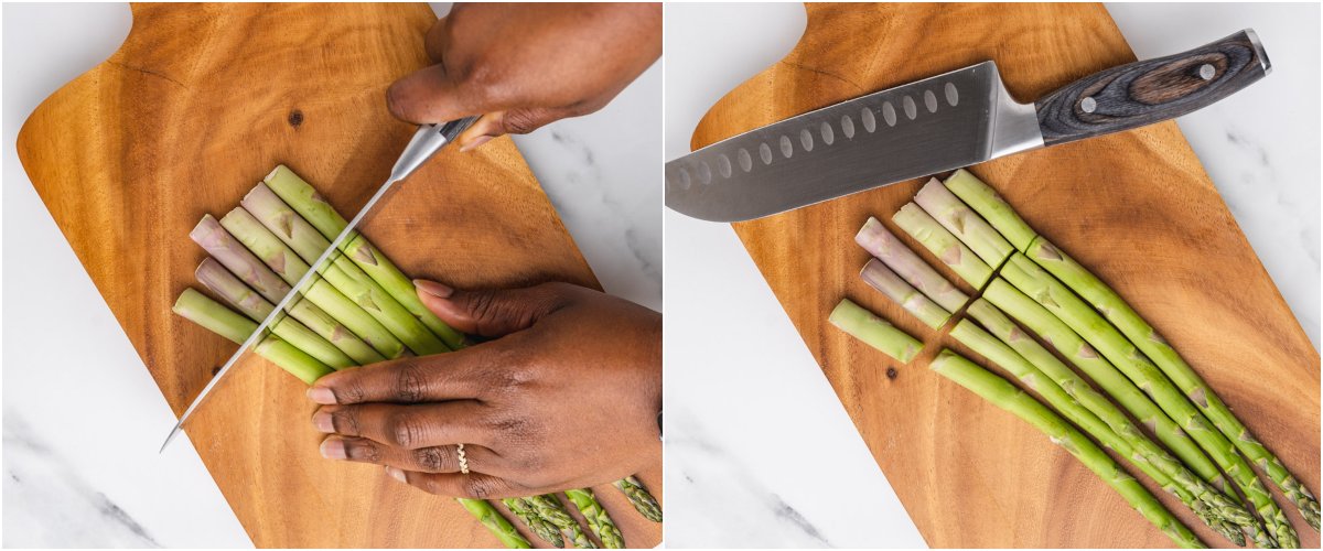 cutting asparagus with a knife.