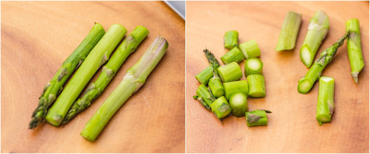 cutting asparagus in halves.